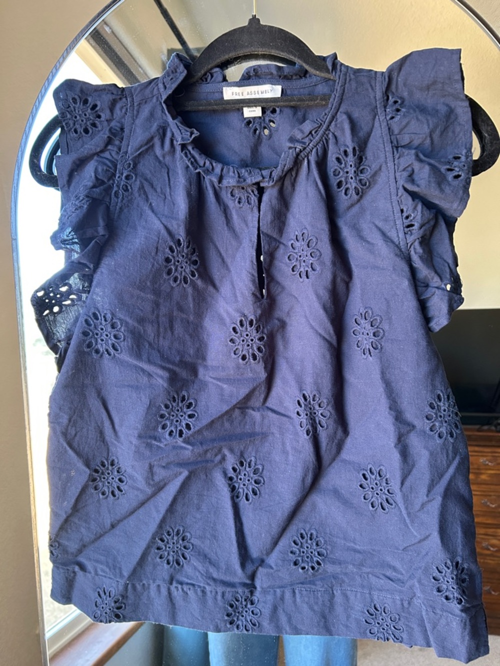 Free Assembly Navy Eyelet Ruffle Sleeve Blouse